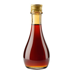 A glass bottle filled with hot red chili sauce, sealed with a golden lid, isolated on a white background or transparent PNG.
