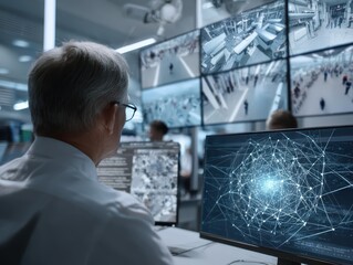 AI security cameras and surveillance systems. Artificial intelligence driven real time analytics and detection. Engineer developing automated monitoring system with machine learning.