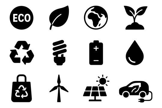 Eco-friendly icons: sustainability and renewable energy in bold black silhouettes