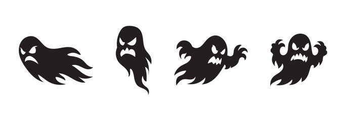 halloween ghost vector illustration featuring a set of unique silhouettes of ghost designs. Perfect for Halloween, this set includes traditional and abstract ghost, pumpkins and skeleton hands