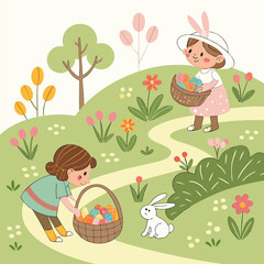 Two children are collecting easter eggs in baskets on a grassy hill with flowers and a bunny, celebrating the spring holiday