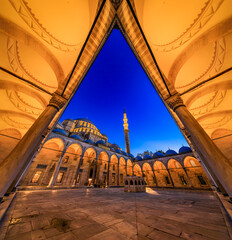 The majestic Suleymaniye Mosque, an Ottoman imperial mosque, with its grand dome and towering...