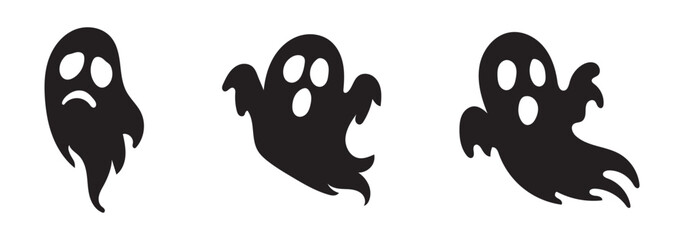 Obraz premium Set scary and funny ghosts with faces, isolated on black background. Vector illustration, traditional Halloween decorative elements. Halloween silhouettes white ghost character - for design decor.