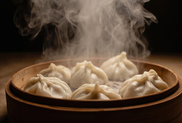 Steaming Xiaolongbao dumplings in bamboo steamer basket. Enticing vapor rises from plump, shiny skins filled with savory broth. Authentic Chinese cuisine delicacy, perfect for culinary arts, food