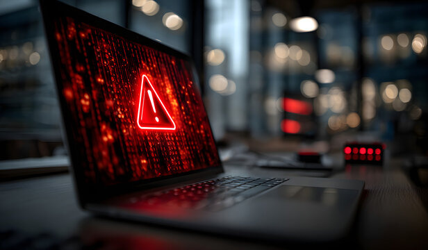 Alert of virus attack on laptop screen. malicious software infection on computer. cyber security awareness. protect business information from threat attacks.
