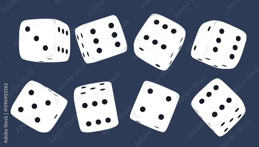 Poster white dice set on isolated background. random rolling dice cubes. white roll cubes for gamble games.
