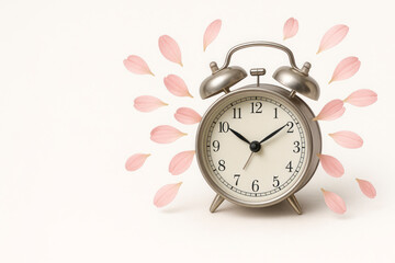 An alarm clock with flower petals instead of a bell, the awakening of spring. Space for text.