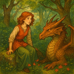 A girl sits next to a dragon in the forest.
