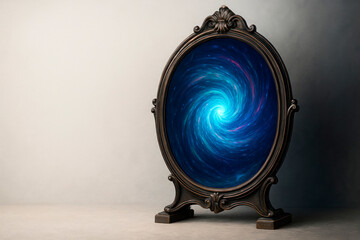 A portal mirror with a blue spiral of the universe. Space for text.