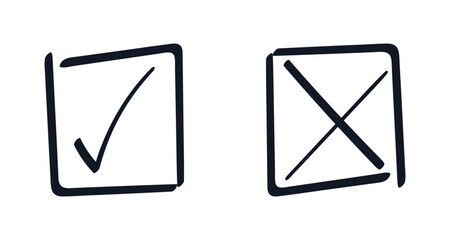 Choice Symbols in Square. Handwritten marker Tick, Cross. Agree and refuse, approve and cancel. Handdrawn in ink. Contour Marks of right and wrong. Tick checkbox. Isolated. Outline vector illustration
