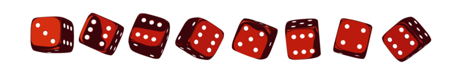 Red dice set on isolated background. Random rolling dice cubes. Glossy roll cubes for gamble games. 3d rendering