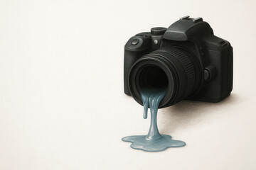 A camera with liquid flowing out of the lens, visual inspiration. Space for text.