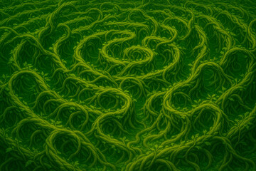 A labyrinth of intertwined green vines and leaves.