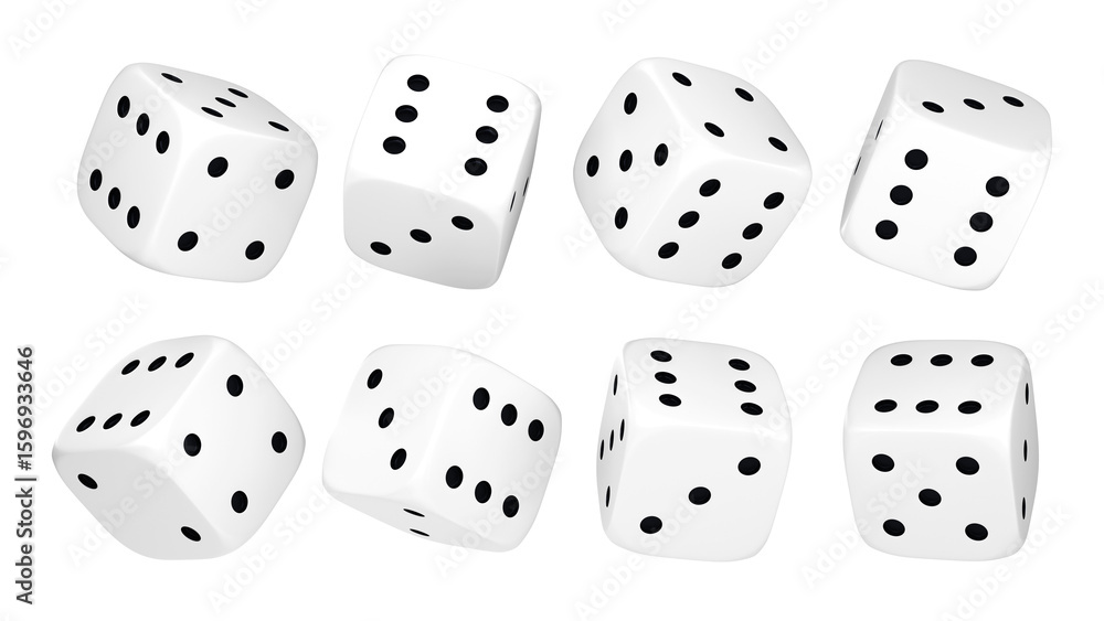 Poster white dice set on isolated background. random rolling dice cubes. white roll cubes for gamble games.