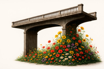 An old bridge buried in blooming wildflowers.