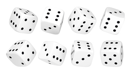 White dice set on isolated background. Random rolling dice cubes. White roll cubes for gamble games. 3d rendering