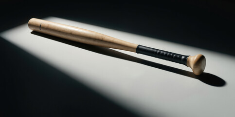 Wooden baseball bat with black grip, angled on a light gray surface under dramatic lighting creating long shadows. The polished wood showcases a simple design suitable for sports or conceptual themes.