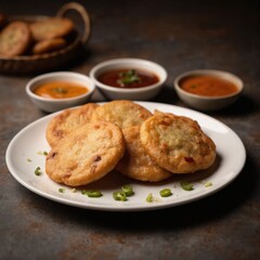 Indian kachori snack served on plate with dipping sauces. Deep-fried, stuffed, crispy, and spicy flatbread rounds. Delicious vegetarian food, popular street food item from India and Pakistan.