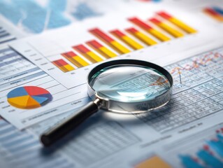 Analyzing and gathering statistical data. Growth charts. Many business reports and magnifying glass.