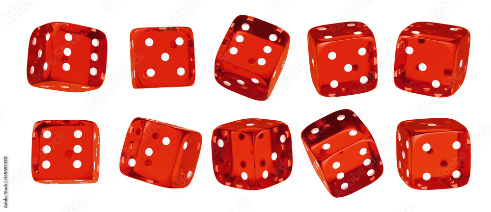 Poster red glass dice set on isolated background. random rolling dice cubes. glossy roll cubes for gamble g