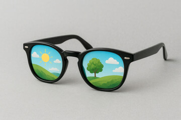 A sunny landscape in the reflection of black glasses.