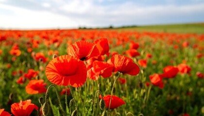 Fototapeta premium Vibrant red poppy field under a partly cloudy sky