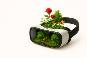 Flowers and plants growing from a VR headset. Space for text.
