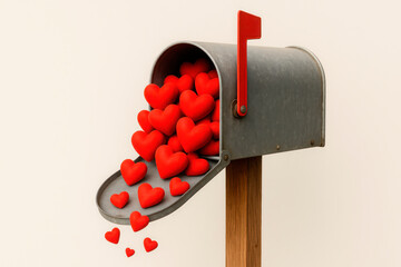 A mailbox overflowing with red hearts.