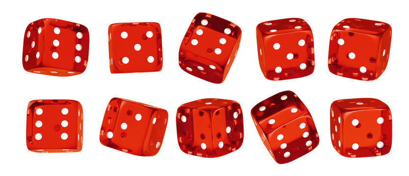 Red glass dice set on isolated background. Random rolling dice cubes. Glossy roll cubes for gamble games. 3d rendering