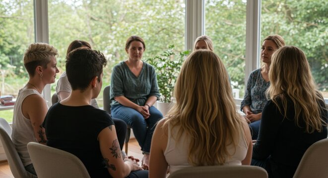 Women sitting in circle sharing during group meeting