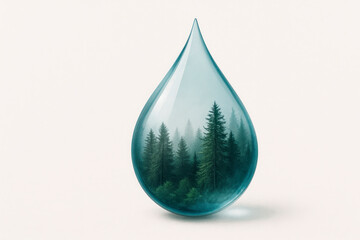 A drop with a forest inside, ecology, water and nature. Space for text.