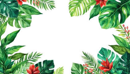 Fototapeta premium Vibrant tropical leaves, red flowers form decorative border, perfect for summer invitations greeting cards. Ai-generated illustration features green plants with hand-painted watercolor effect,