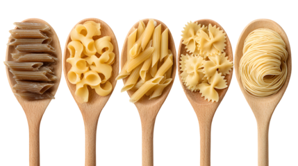 Directly Above Shot Of Various Uncooked Pastas In Wooden Spoons Over isolated on a white background