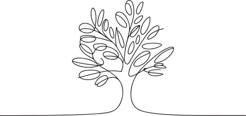 Black Outline Tree with Oval Leaves on White Background