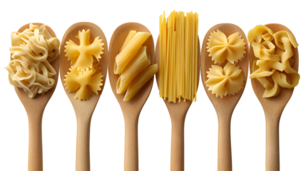 Directly Above Shot Of Various Uncooked Pastas In Wooden Spoons Over isolated on a white background