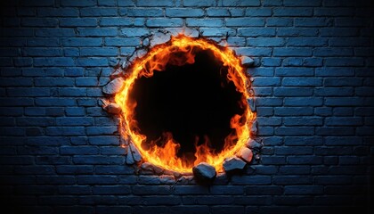 Fiery hole breaks through blue brick wall, revealing dark background. Intense flames create impact, suggesting destruction magical portal. Grunge texture adds dramatic, abstract design element with