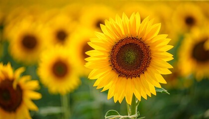Obraz premium Vibrant sunflowers in a field, focused on a central blossom