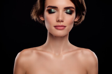 Portrait of perfect skin beautiful lady ideal makeup undressed closed eyes isolated on black color...