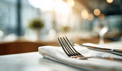 Restaurant table setting, cutlery on napkin, city view