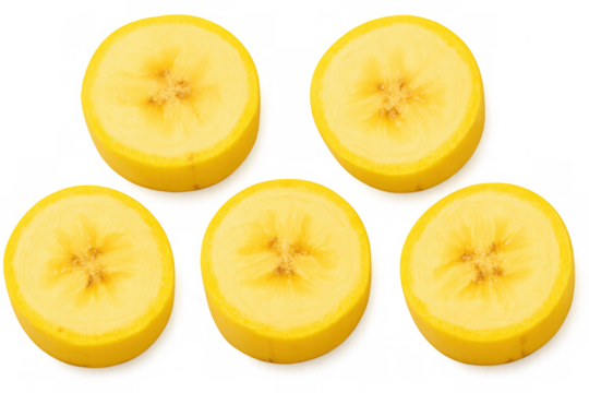 Five banana slices lying on a transparent background, showcasing the fruit's inner texture and yellow color
