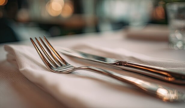 Elegant silverware on a table, restaurant setting, blurry background, fine dining