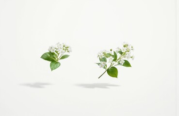 Minimalist illustration features delicate white forget-me-not flowers with green leaves, floating weightlessly against clean white background. Simple, elegant design emphasizes purity, freshness,