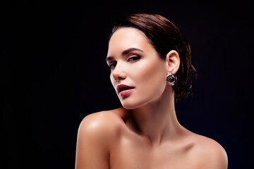 Photo portrait of attractive young woman look seductive camera shoulders off isolated on black...