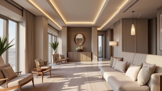 Modern waiting area in Dubai Airport featuring comfortable seating, large windows, elegant lighting, neutral color palette, contemporary furniture, and calming plants during the daytime