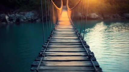 A suspension bridge spanning across a calm lake or river, perfect for use in travel, architecture, or engineering related projects