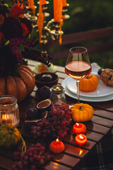 Garden romantic party outside with wine, cheese, fruits. Field or meadow, family event, cozy autumn...