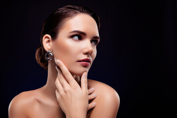 Photo portrait of attractive young woman touch skin look empty space shoulders off isolated on...