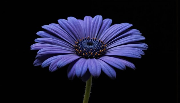 Vibrant purple daisy flower, detailed macro view. Delicate petals radiate from a dark center. Single bloom on black background. Natural beauty, freshness, elegance.