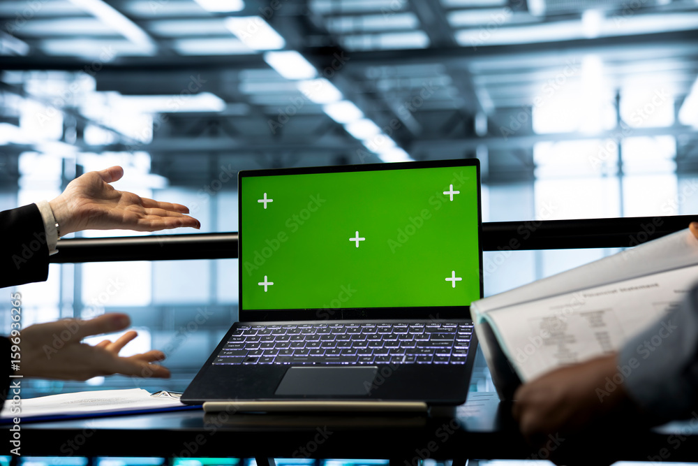 Poster system administrators in data center using chroma key green screen laptop, refining server virtualiz