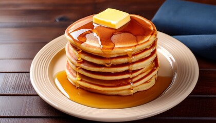 stack of pancakes drizzled with syrup topped with butter on plate